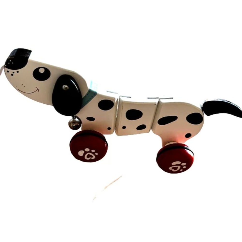 Wooden Dalmatian Dog Pull Along toy wobbly jointed puppy 11”